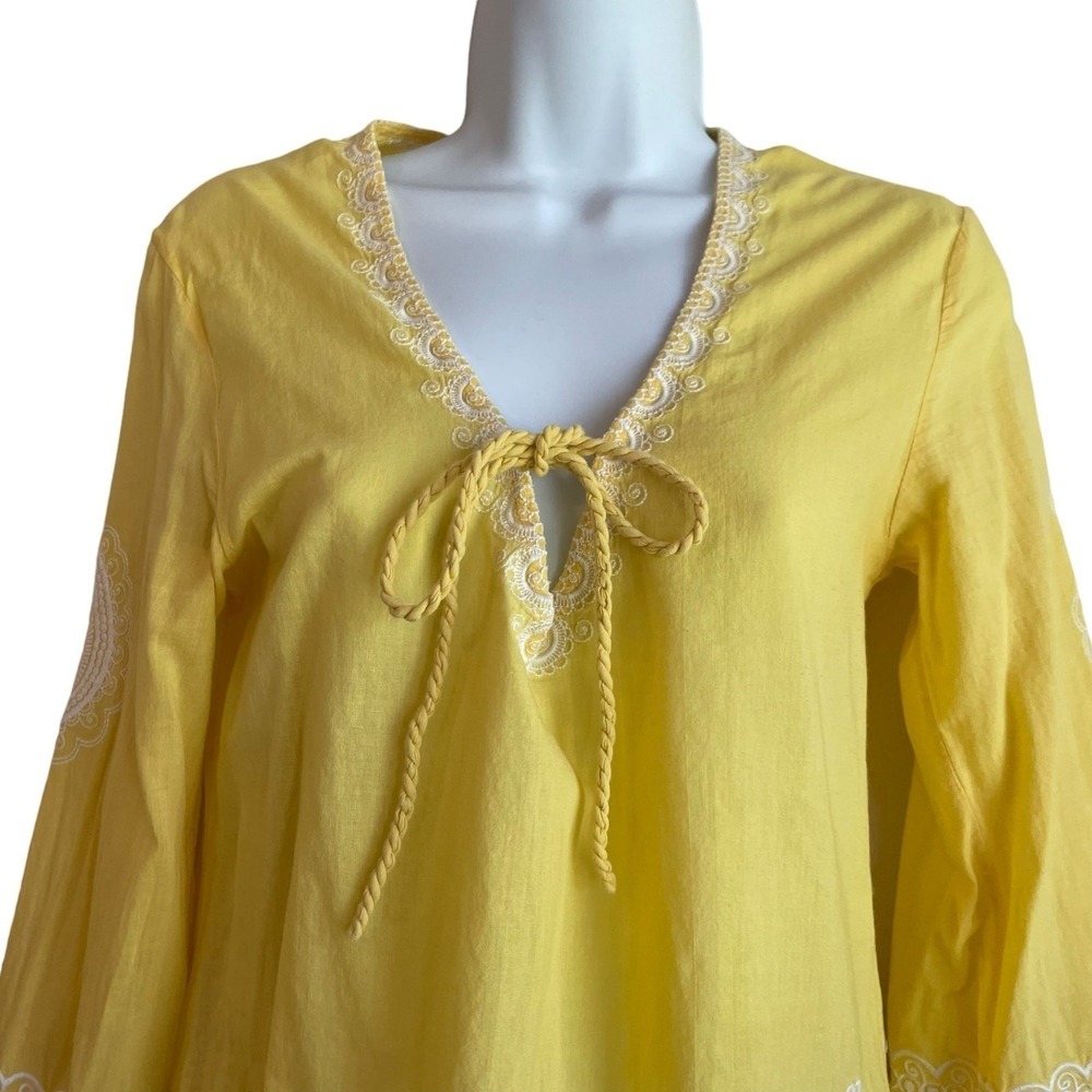 Mud Pie Women Boho Coastal Embroidered Tunic S Yellow Cotton V-Neck Coverup - Picture 3 of 9
